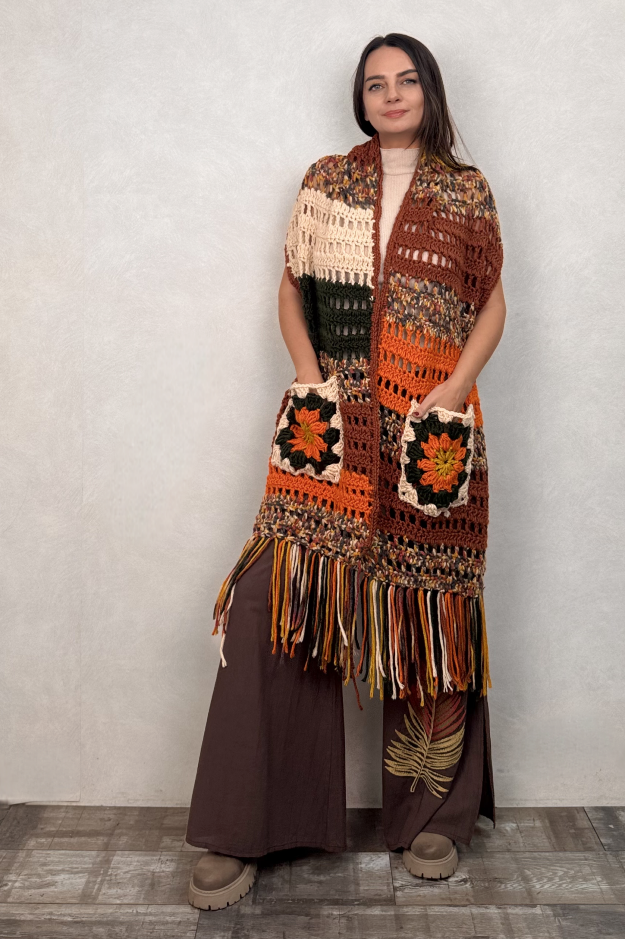 El Örgüsü Cepli Maxi Uzun Atkı- Sonbahar Renkleri