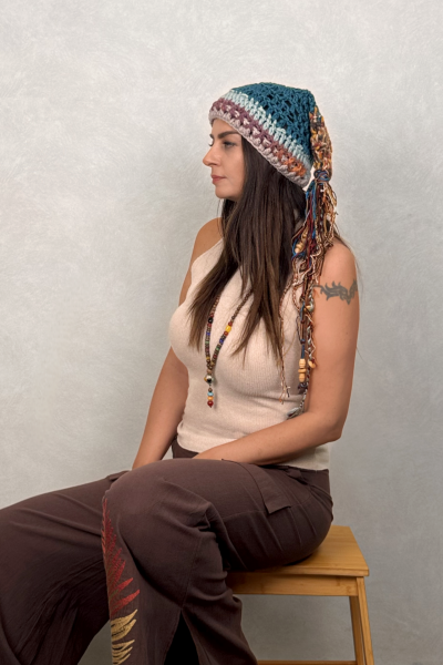 El Örgüsü Boncuk Püsküllü Bere - Petrol